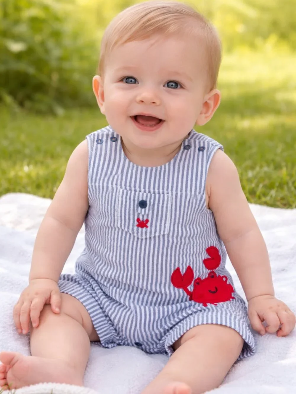 NWOT Little Me Baby Boy Sleeveless Romper 6 Months Blue White Striped Summer - Picture 2 of 4